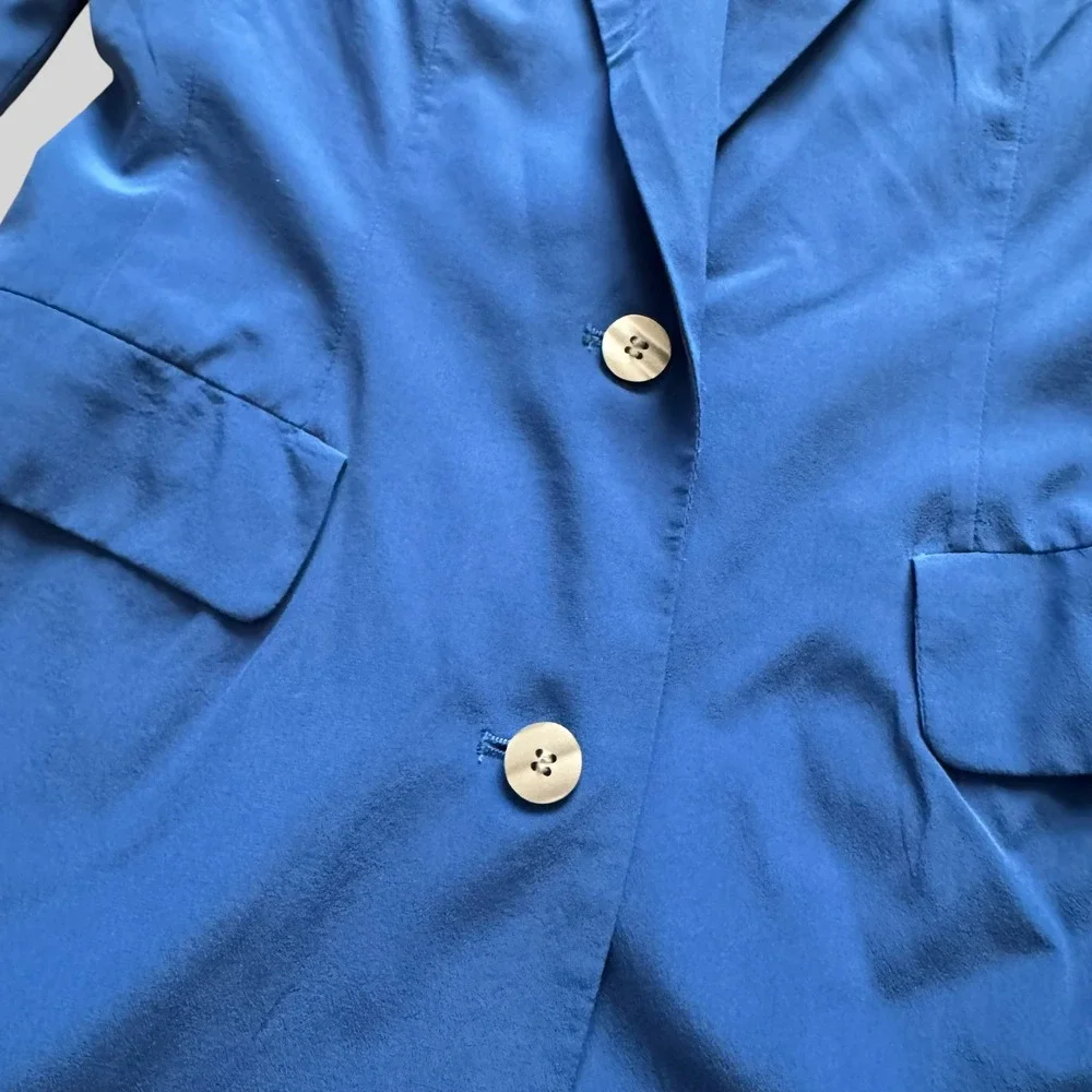 Hugo Buscati Milano Vintage Royal Blue 100% Silk Blazer Wrap Skirt Suit Set 2 4